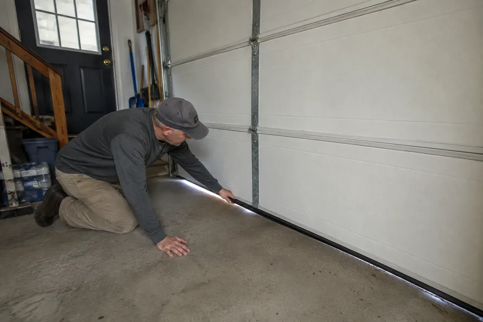 A person kneels beside the black bottom seal of a garage door, with daylight visible beneath the edge. — Garage Door Bottom Seal Replacement, Halton Hills