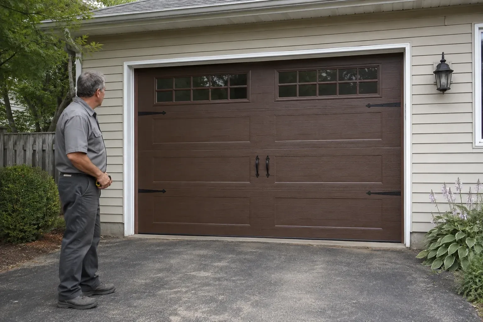 A person stands beside a closed brown garage door with upper windows and black decorative straps and handles. — Carriage-House Garage Door Installation, Halton Hills