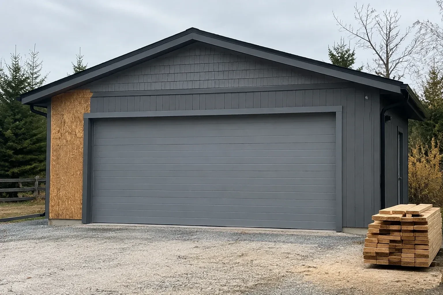 Closed grey garage door on a partly finished building beside stacked lumber. — New-Construction Garage Door Installation, Halton Hills