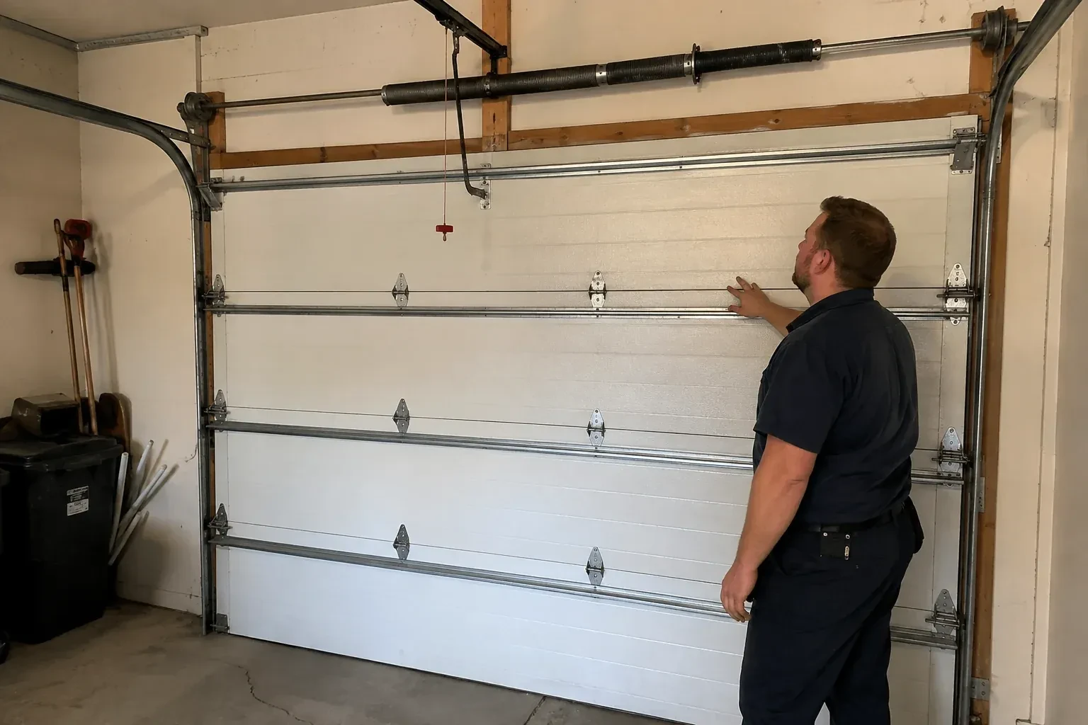 A person stands beside a closed sectional door beneath its overhead spring assembly. — Garage Door Balance Adjustment, Halton Hills