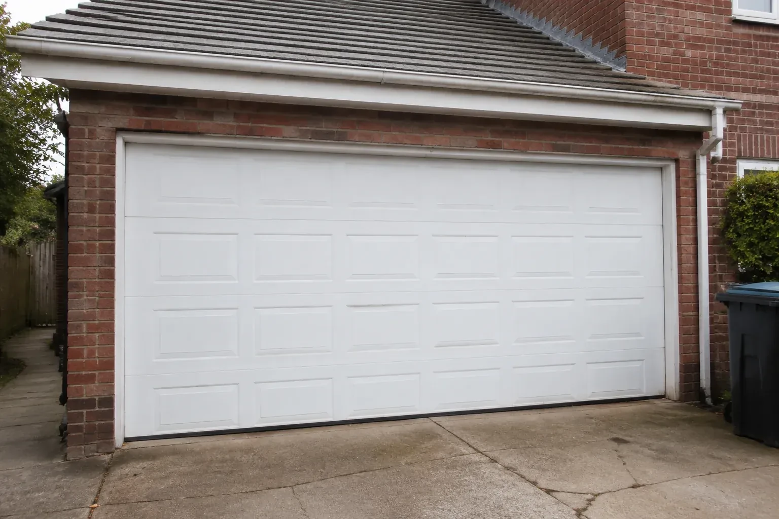 Closed white sectional garage door at an ordinary brick house. — Sectional Garage Door Replacement, Halton Hills