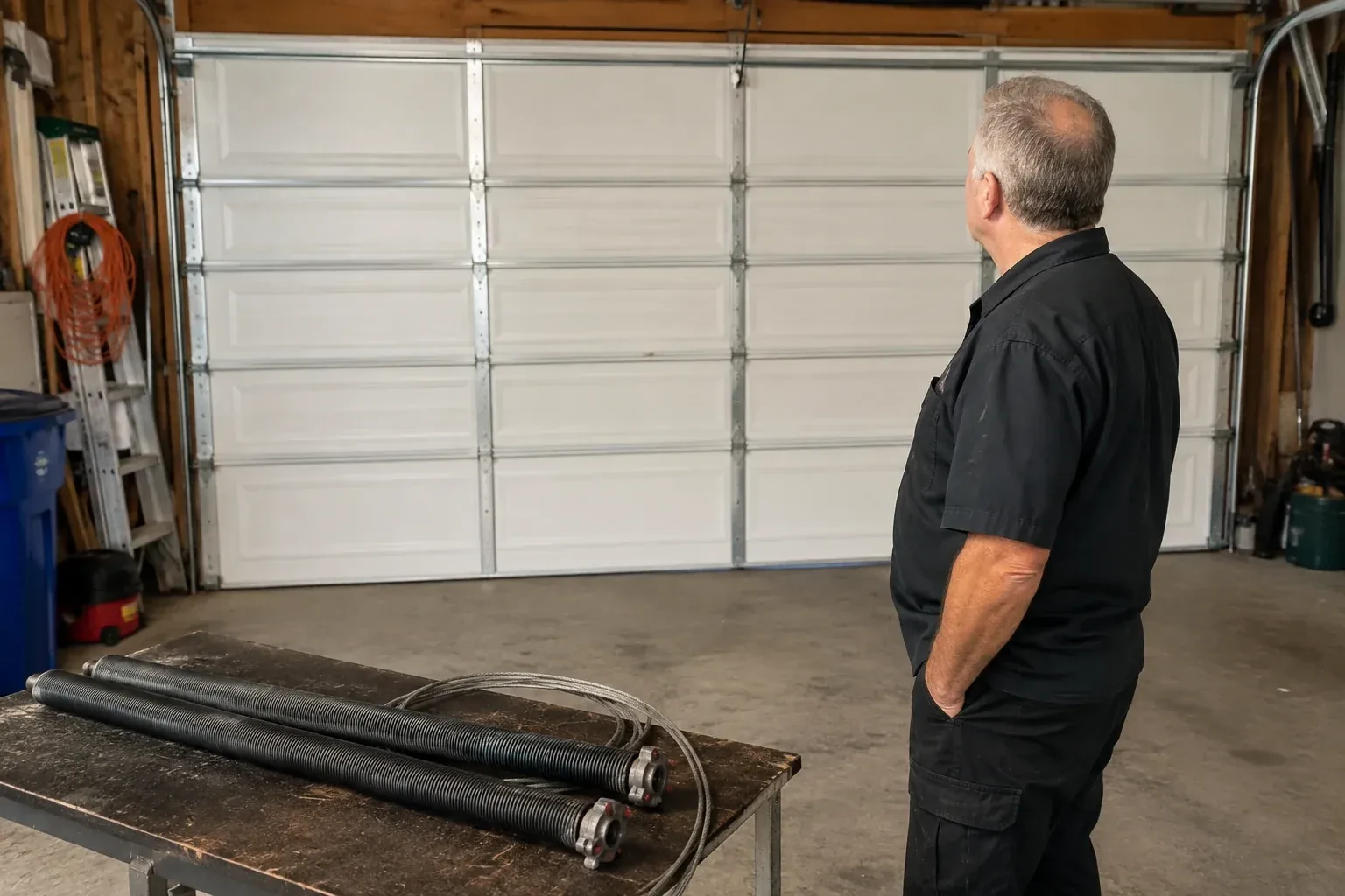 Detached coil springs with end fittings and a cable rest on a bench in front of a closed garage door. — Torsion Spring Replacement, Halton Hills