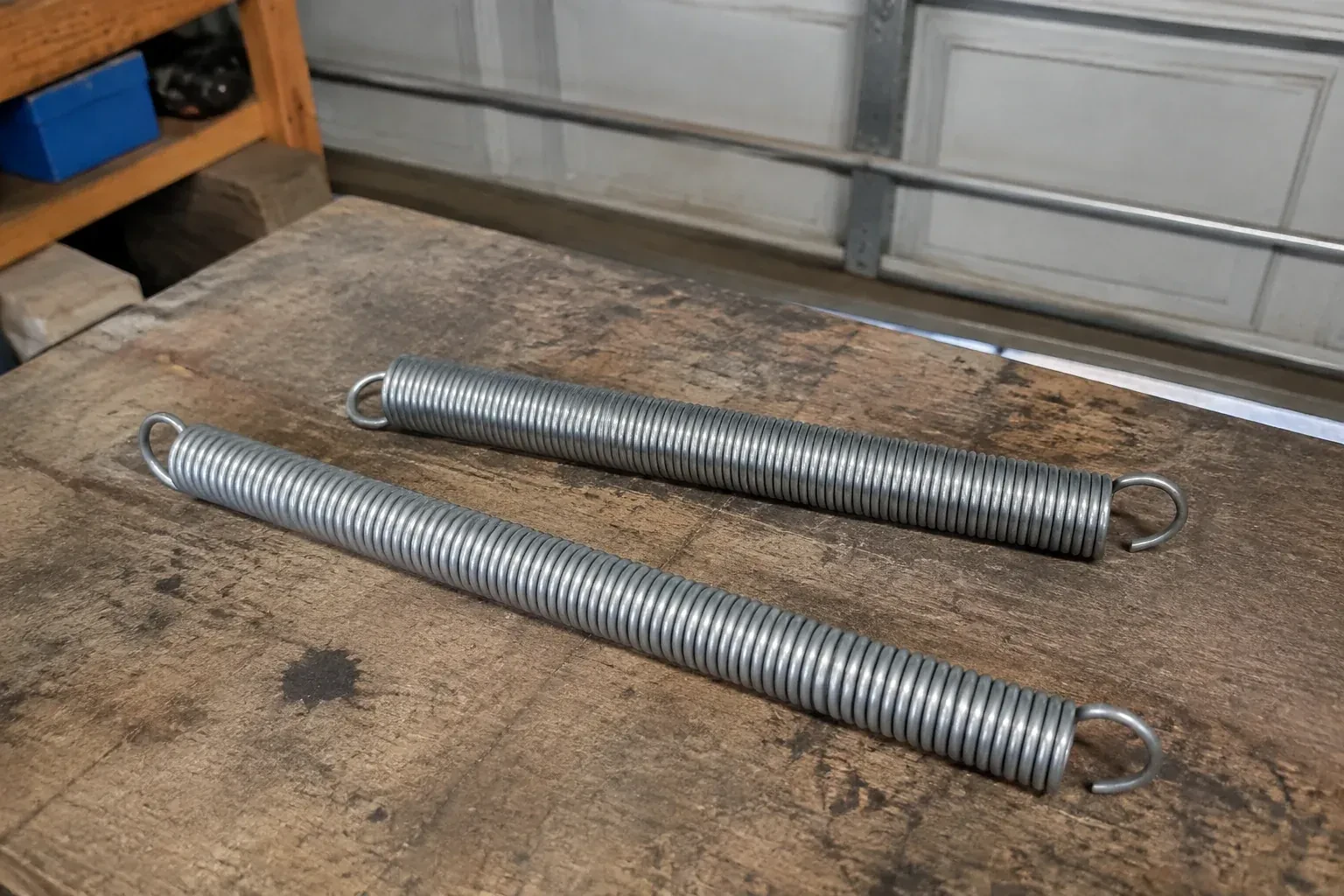 Two detached extension springs with hooked ends on a garage bench. — Extension Spring Replacement, Halton Hills