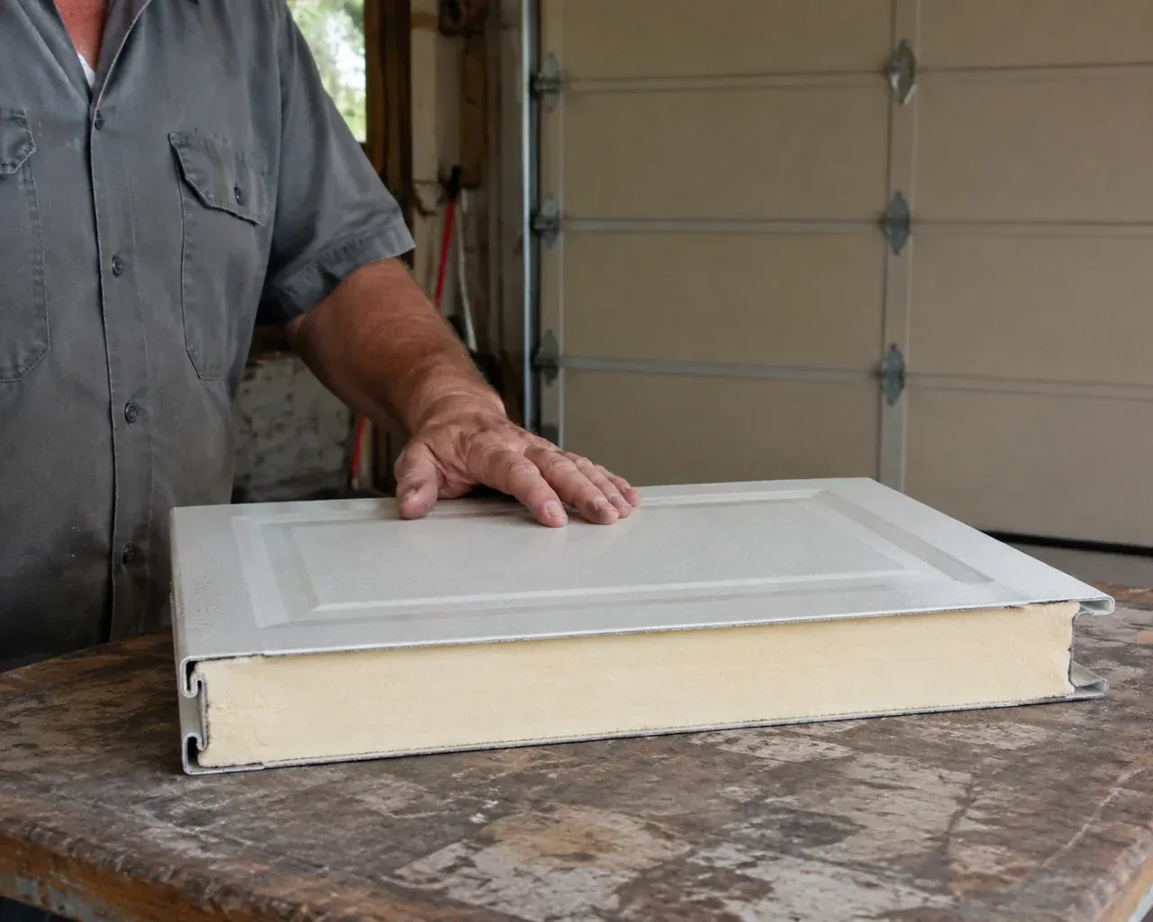 A panel sample exposes a cream foam core between thin metal faces on a garage workbench. — Insulated Steel Garage Door Installation, Halton Hills