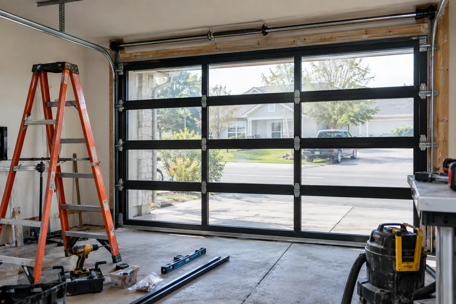 Full-glass garage door with black frames, an orange stepladder, a level, a drill and a shop vacuum on the concrete floor. — Georgetown