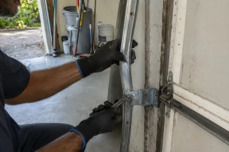 Gloved hands holding a vertical garage-door track and a wrench at its mounting bracket beside a door hinge. — Garage Door Track Repair or Replacement, Halton Hills