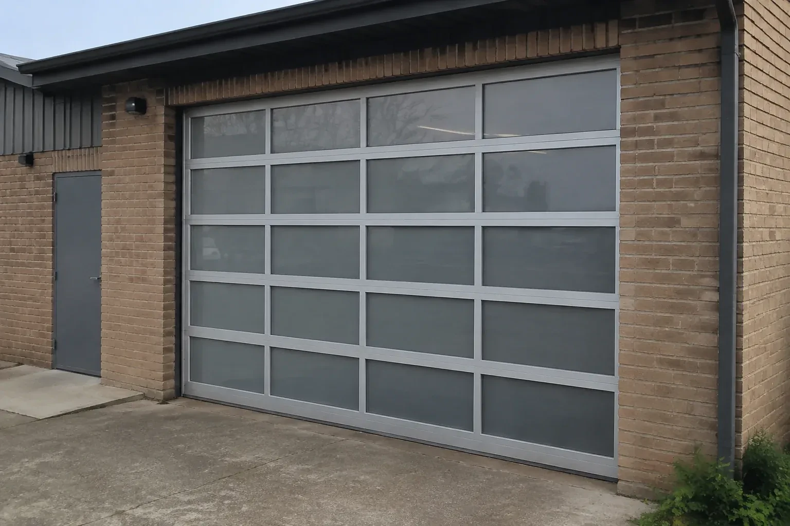 Closed glazed sectional door in a grey metal frame at a brick workshop. — Full-View Glass Garage Door Installation, Halton Hills