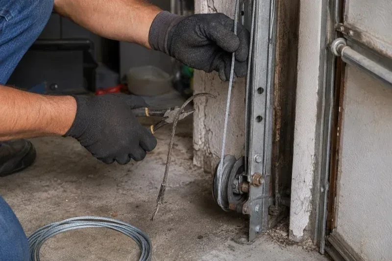 Gloved hands holding a bright cable and pliers gripping a frayed cable beside a garage-door track and pulley. — Garage Door Cable Replacement, Halton Hills