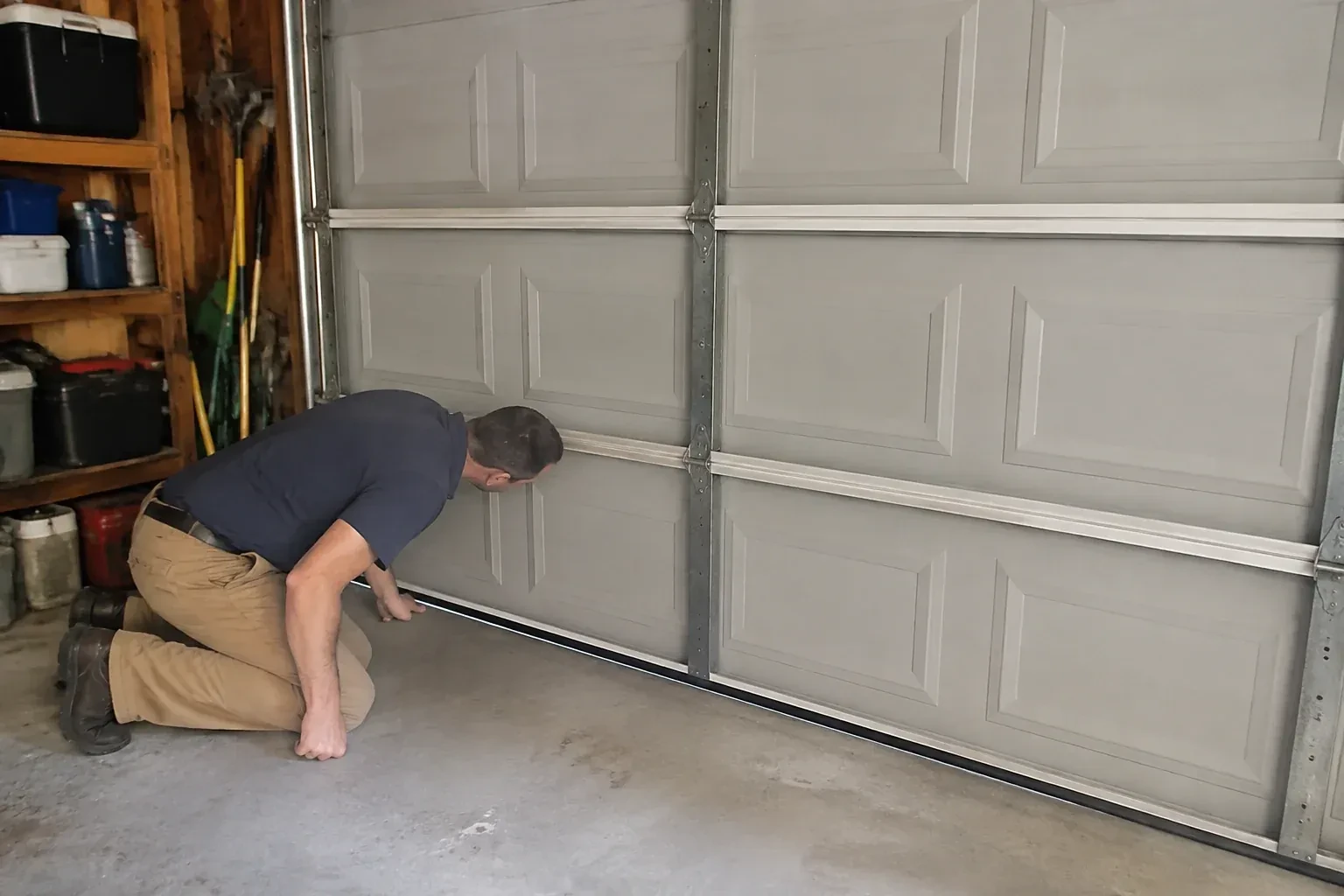 Person kneeling with a hand at the base of a gray paneled door that has a black strip along its bottom. — Garage Door Perimeter Weatherstrip, Halton Hills