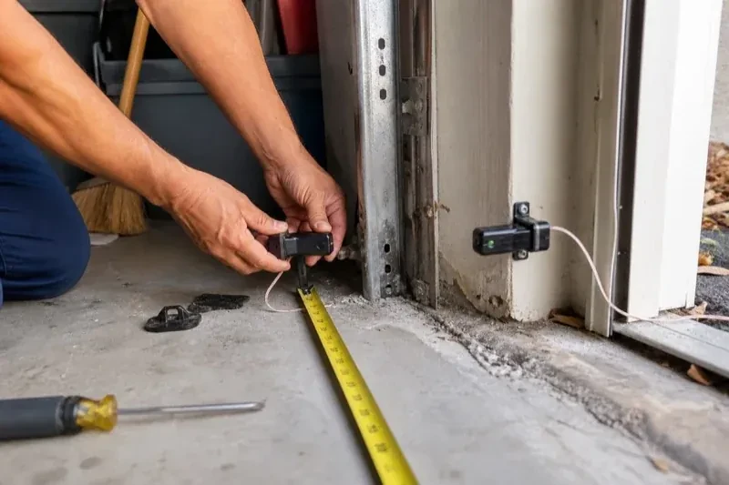 Hands holding a small wired device beside another mounted device and a tape measure at a garage-door opening — Photo-Eye Sensor Alignment or Replacement, Moore Park
