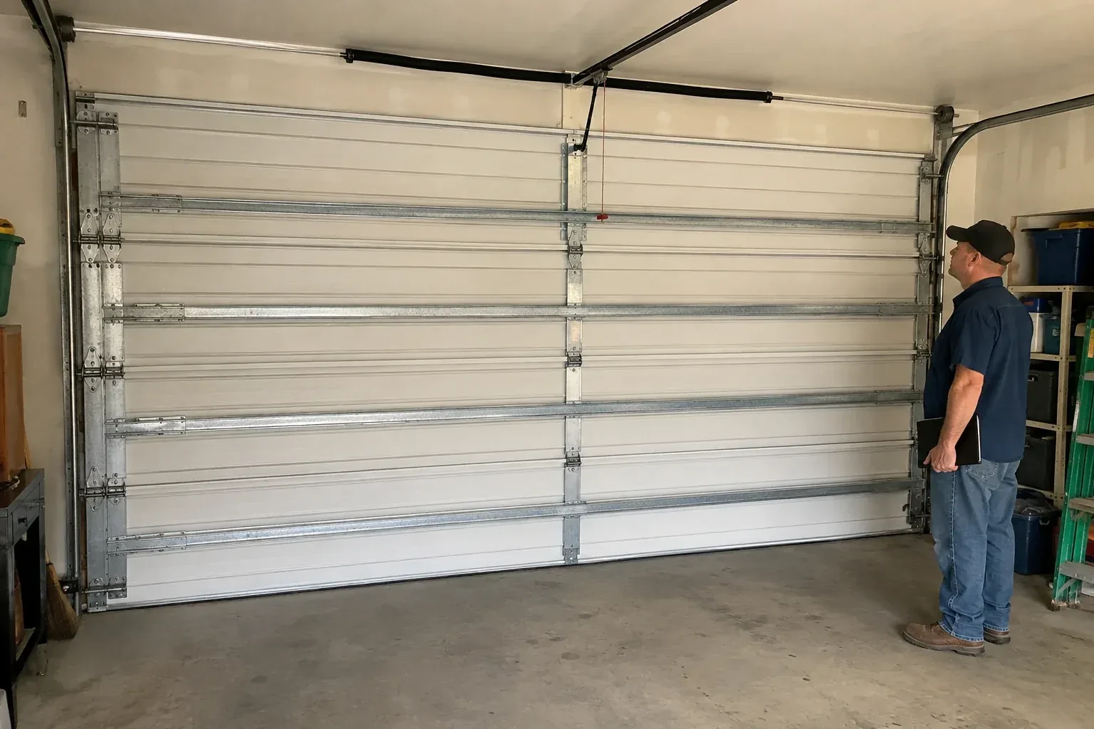 A person examines horizontal metal reinforcement members across the interior of a closed garage door. — Wind-Rated Garage Door Replacement, Halton Hills