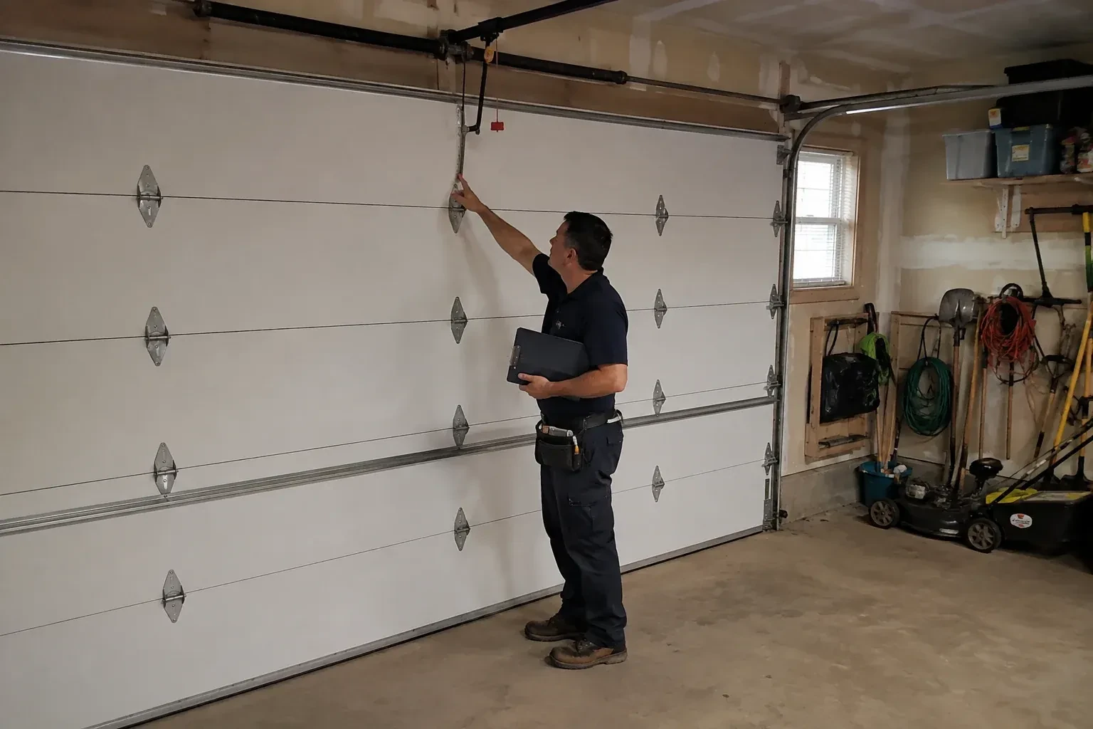 A person holding a clipboard examines the interior hardware of a closed garage door. — Garage Door Tune-Up, Halton Hills