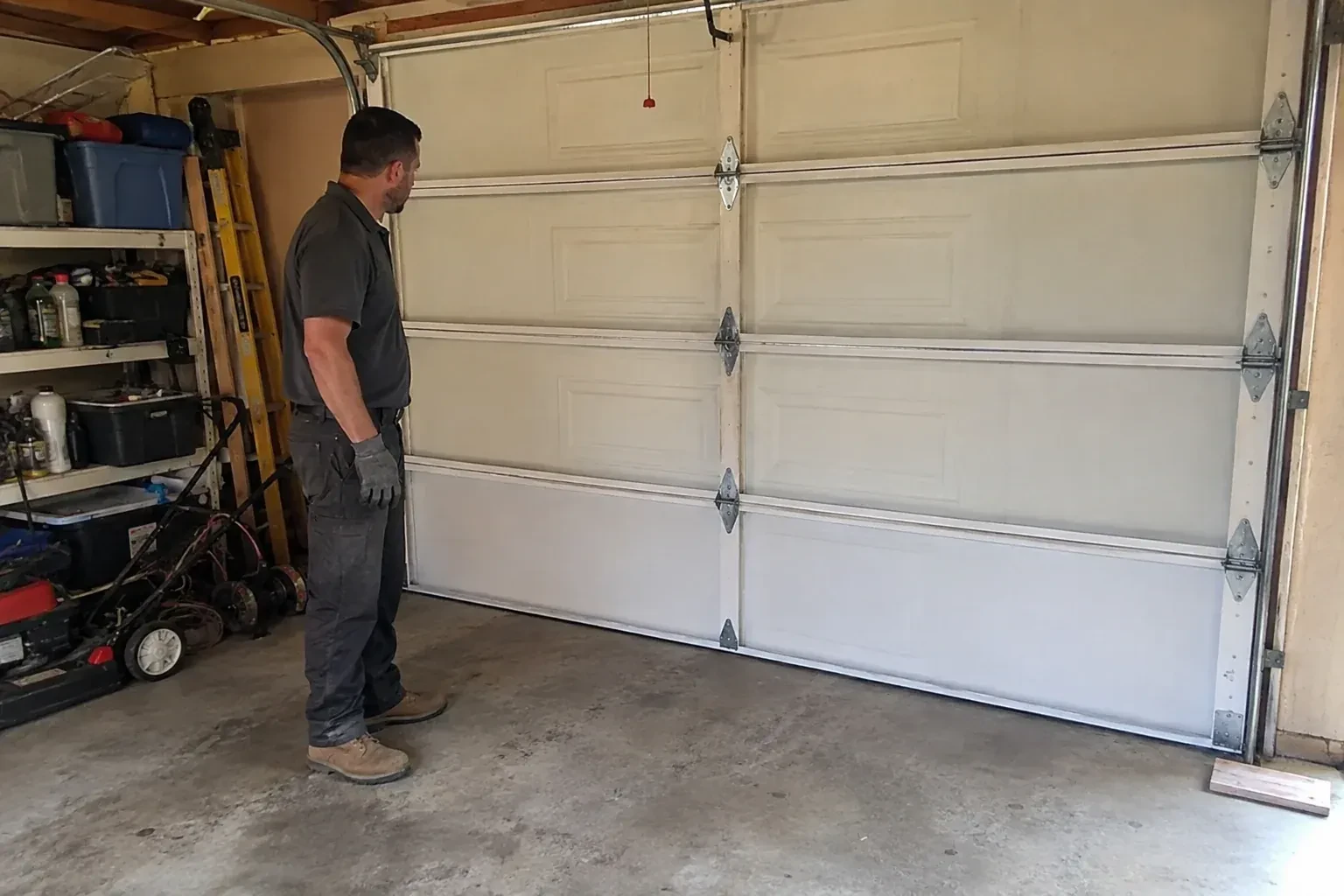 A person examines the interior panels and hinges of a closed sectional garage door. — Garage Door Panel Replacement, Halton Hills