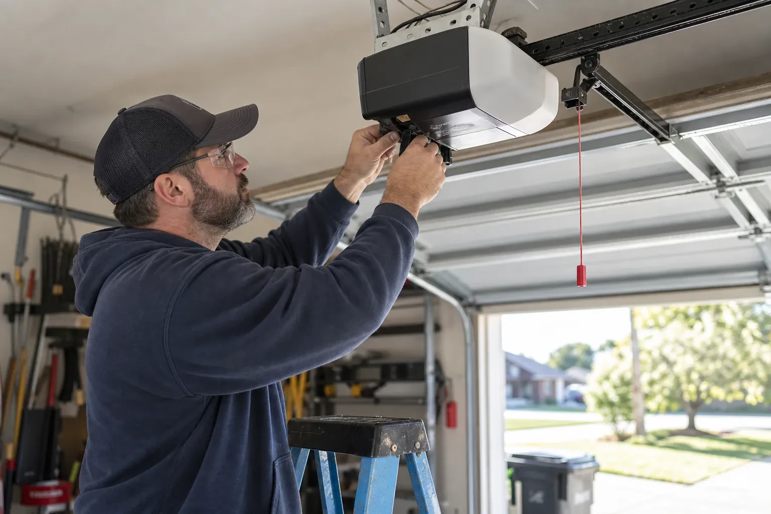 Technician at a blue ladder working under a black and white opener, with a red pull cord hanging beside it. — Georgetown