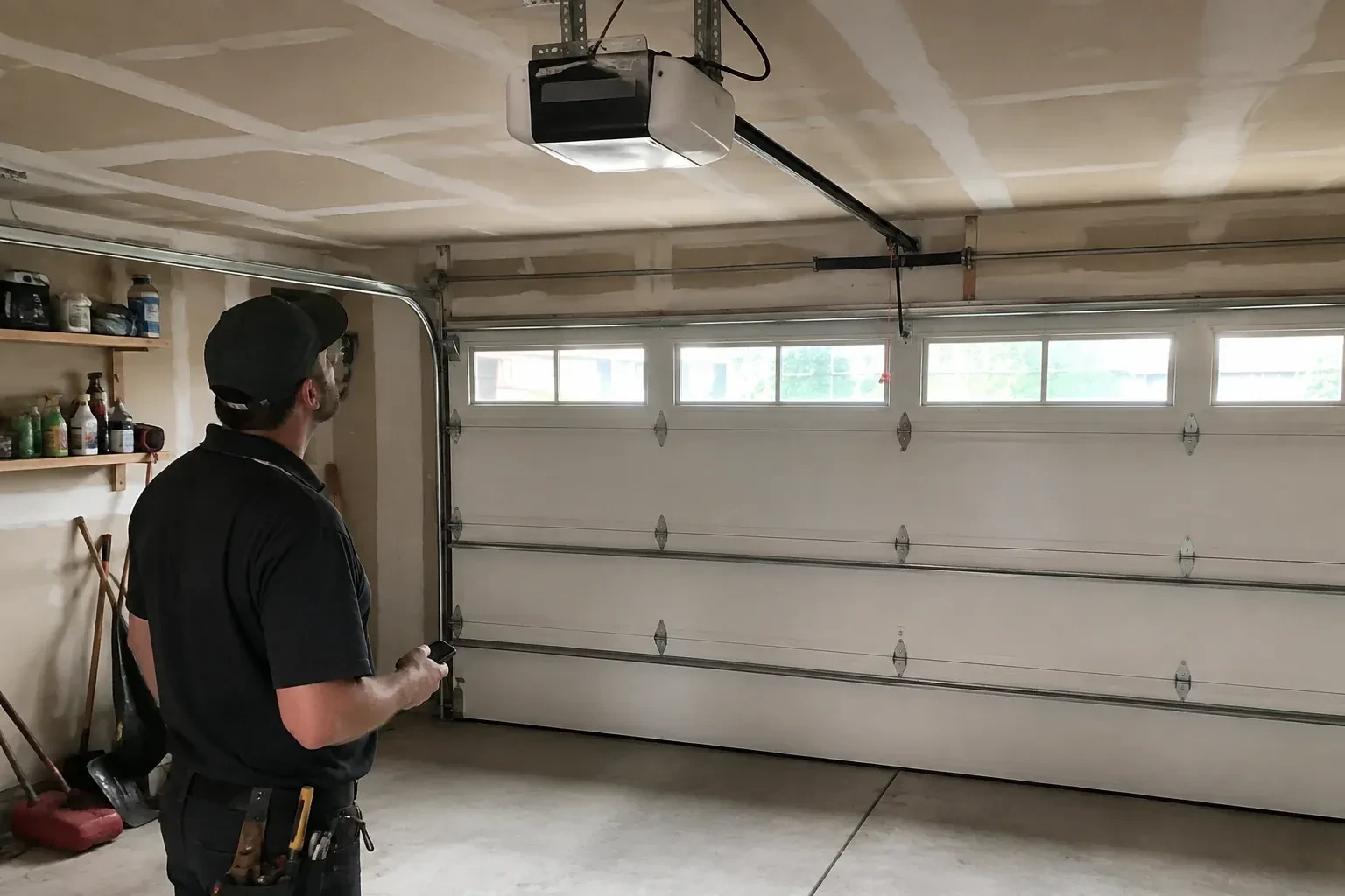 A person looks at an overhead opener above a closed garage door with a row of windows. — Garage Door Opener Replacement, Moore Park