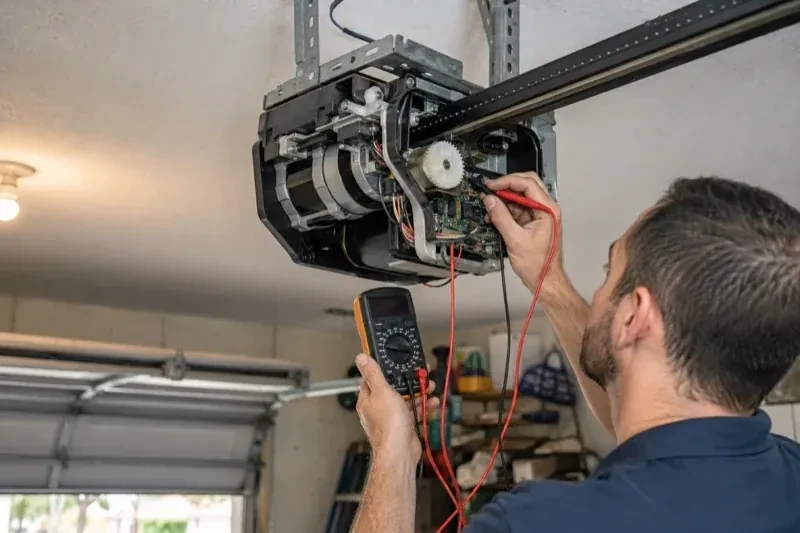 Person holding a multimeter and a red probe near the exposed circuit board of an overhead garage-door opener. — Garage Door Opener Diagnosis and Repair, Halton Hills