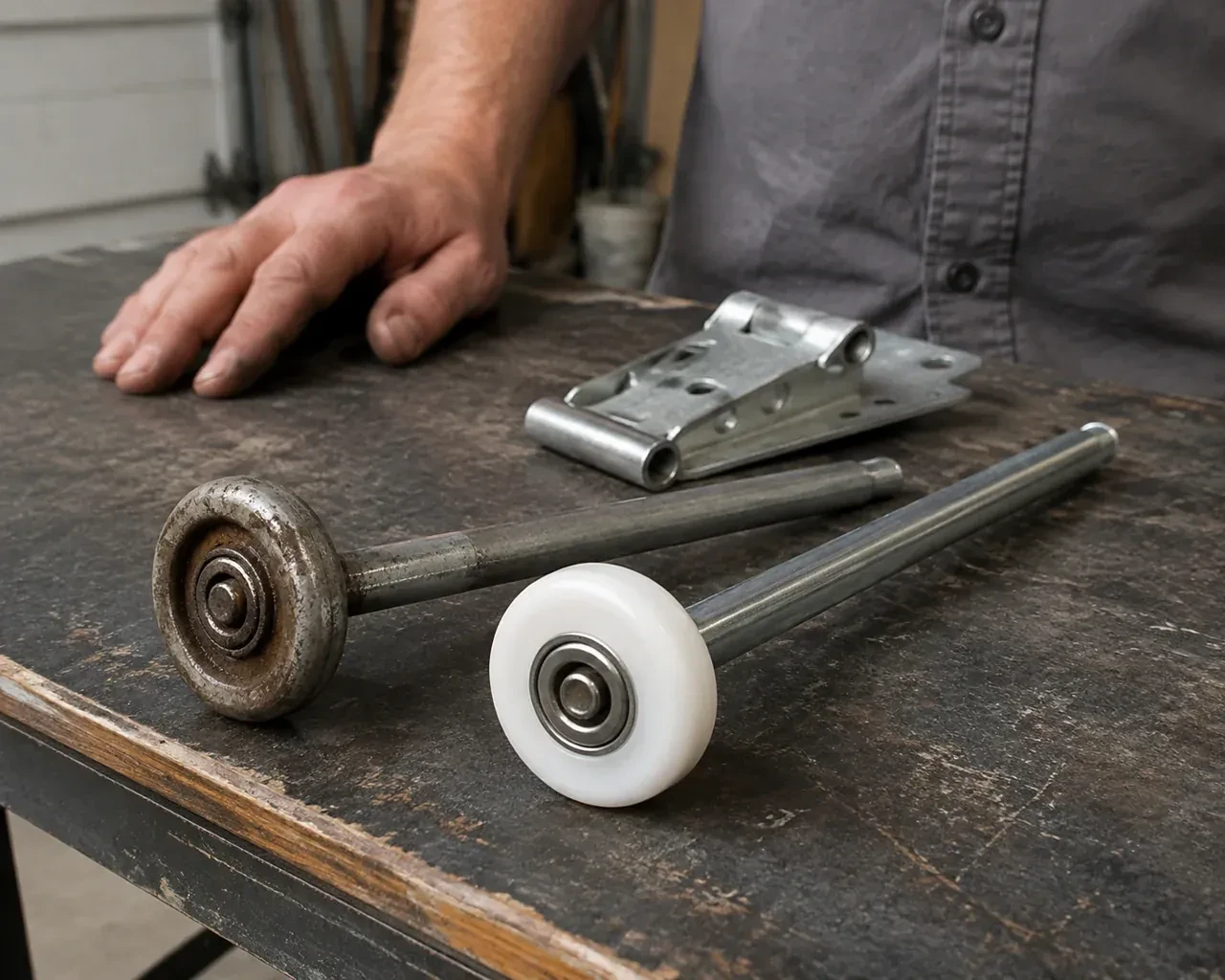 Steel and nylon garage-door rollers with long stems lie beside a detached hinge on a workbench. — Garage Door Roller Replacement, Halton Hills