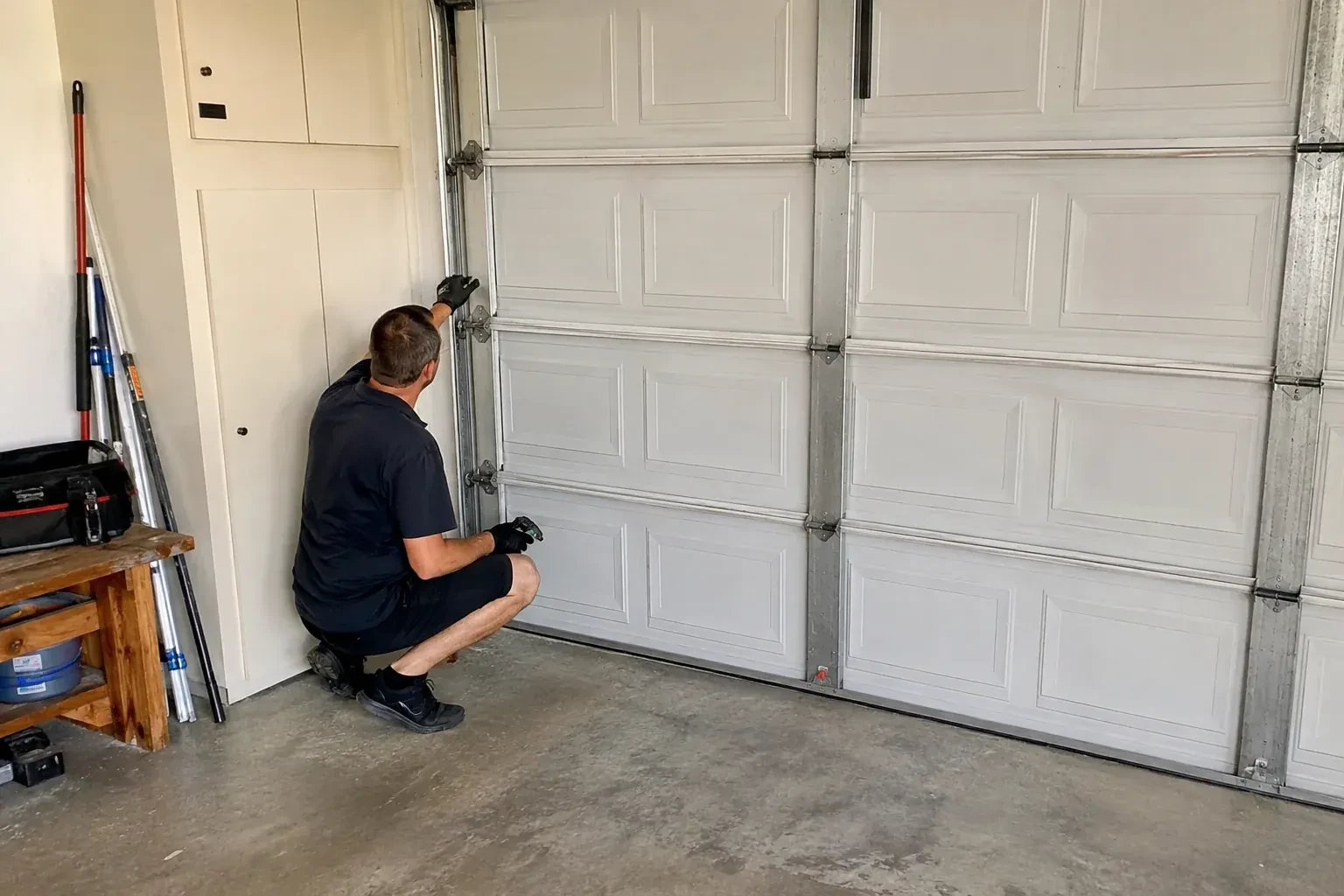 A person kneels beside the side track and hinges of a closed sectional garage door. — Garage Door Safety Inspection, Halton Hills