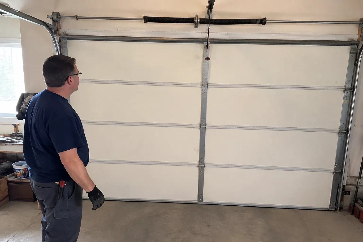Person in a dark shirt standing before a closed cream sectional door, looking up at a coiled spring and red-tipped cord. — Off-Track Garage Door Reset, Halton Hills