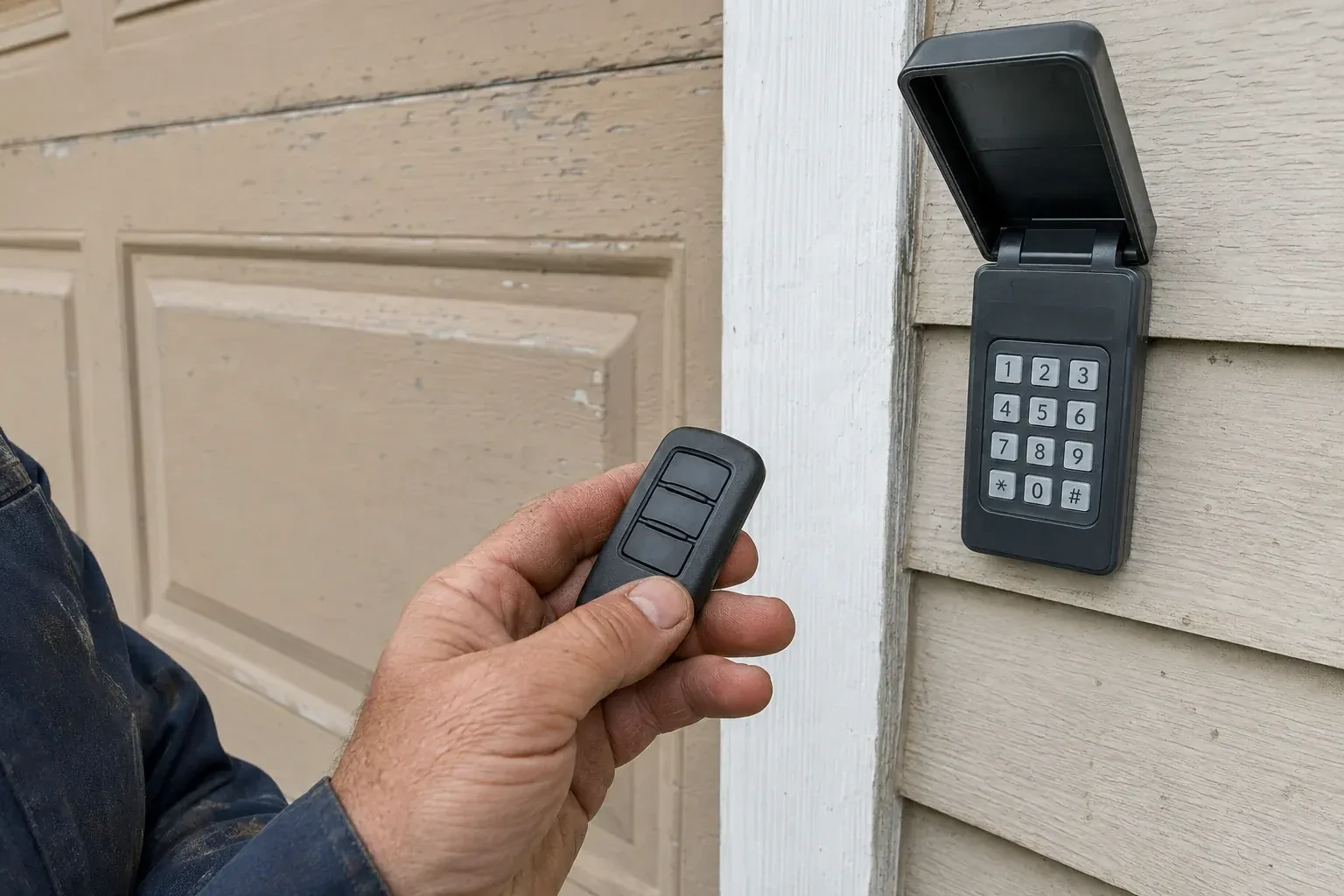 A hand holds a three-button remote beside an exterior garage keypad with its cover open. — Garage Door Remote and Keypad Programming, Halton Hills
