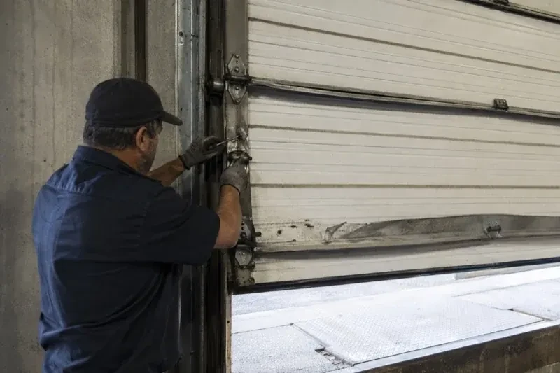 Person holding tools at the side hinge of a partly raised industrial sectional door — Commercial Sectional Door Repair, Halton Hills