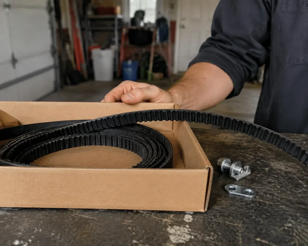 A toothed black drive belt lies in an open cardboard box beside small metal fittings on a garage workbench. — Belt-Drive Opener Repair, Georgetown
